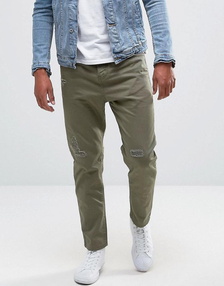 Pull & Bear Slim Fit Distressed Chinos In Khaki - Green