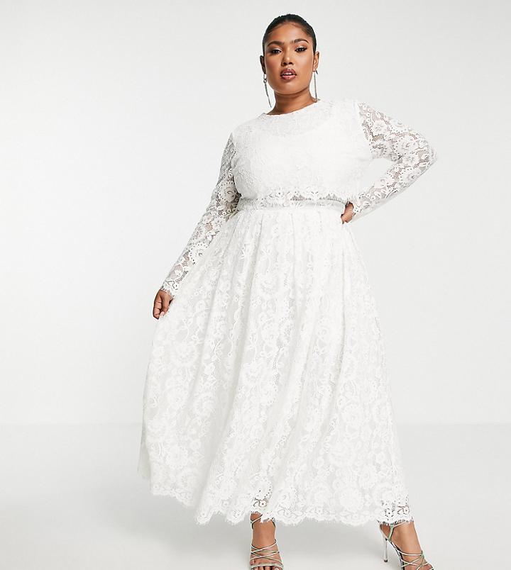Asos Edition Curve Kate Crop Top Lace Midi Wedding Dress-white