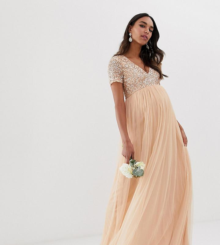Maya Maternity Bridesmaid V Neck Maxi Dress With Delicate Sequin In Soft Peach - Pink