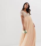 Maya Maternity Bridesmaid V Neck Maxi Dress With Delicate Sequin In Soft Peach - Pink