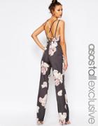 Asos Tall Salon Jumpsuit With Cross Back In Floral Print - Multi