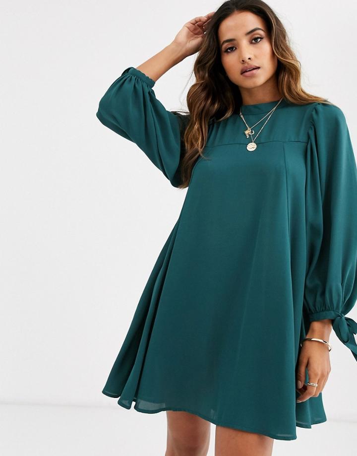Asos Design Mini High Neck Swing Dress With Tie Sleeves-green