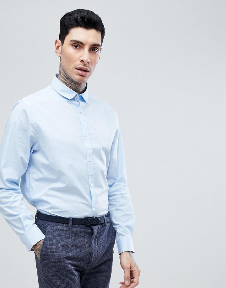 Process Black Plain Poplin Slim Fit Shirt - Blue