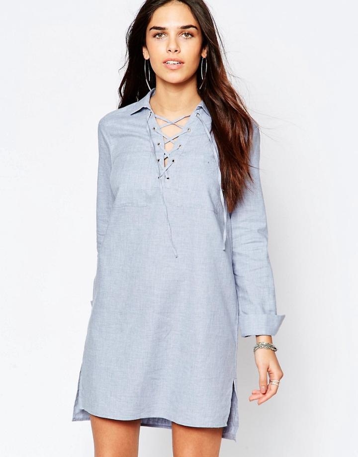 Warehouse Lace Up Tunic Dress - Blue