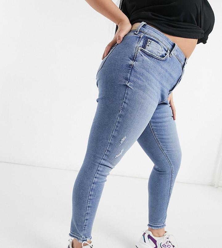 River Island Plus Amelie Distressed Raw Hem Skinny Jeans In Mid Auth Blue-blues