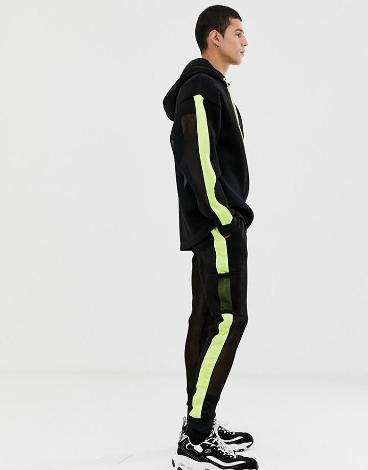 Asos Design Two-piece Slim Sweatpants In Mesh With Neon Side Stripes - Black