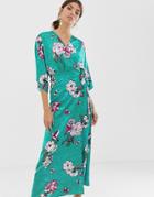 Liquorish Kimono Sleeve Midi Dress In Green Floral Print - Green