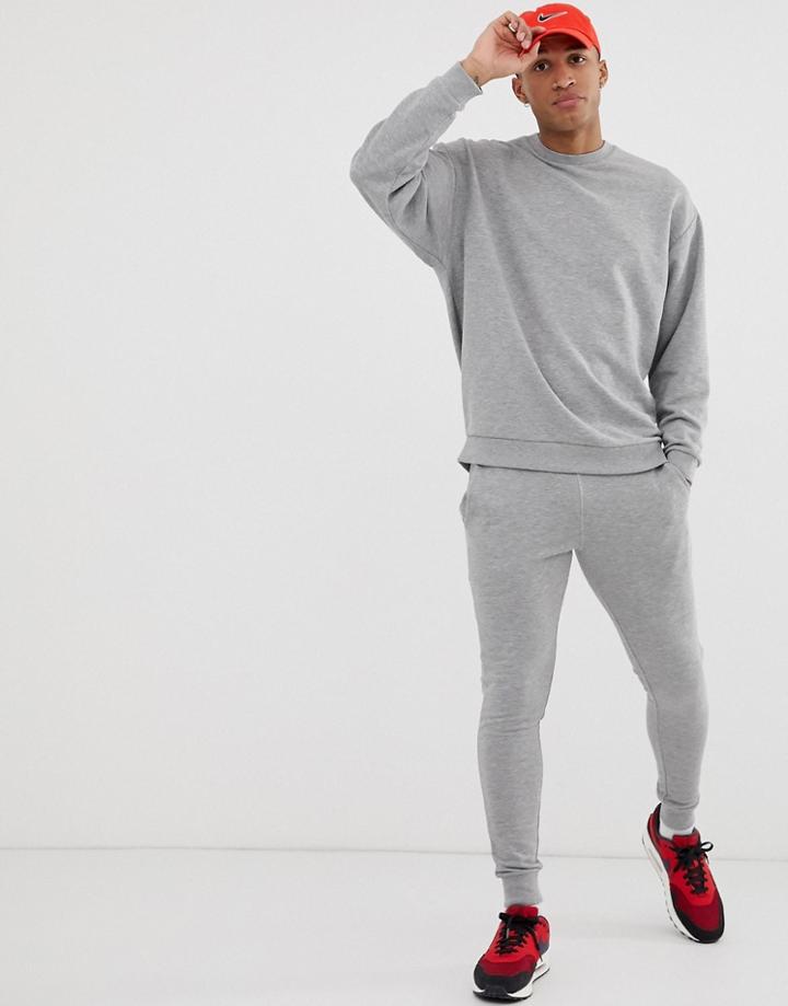 Asos Design Tracksuit Oversized Sweatshirt / Skinny Sweatpants In Gray Marl - Gray
