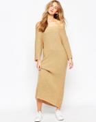 Asos Maxi Dress In Rib With Off Shoulder - Camel