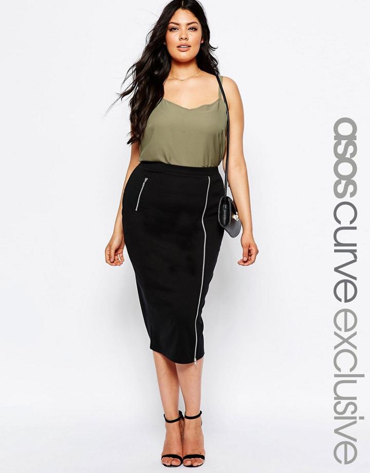 Asos Curve Midi Pencil Skirt In Ponte With Zip Details - Black