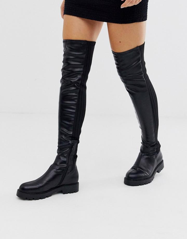 Asos Design Kick Start Flat Thigh High Boots In Black Knit Mix