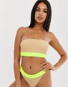 Asos Design Crinkle Bandeau Bikini Top With Neutral Contrast In Fluro Yellow - Multi