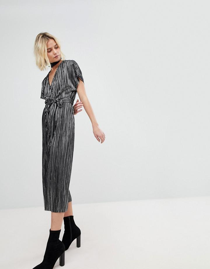 New Look Shimmer Plisse Wrap Jumpsuit - Black