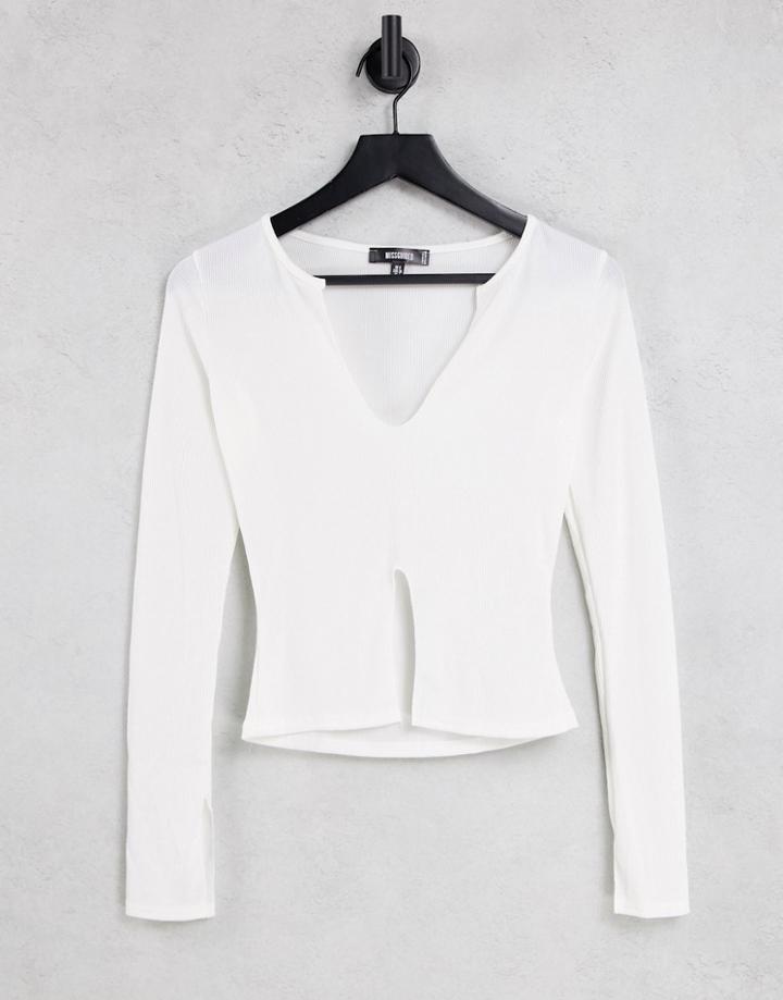 Missguided Ribbed Long Sleeve Top In Cream-white
