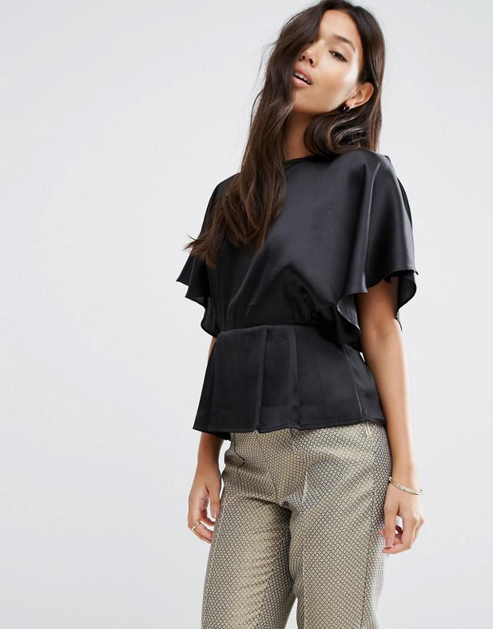 Asos Kimono Sleeve Blouse In Satin - Black