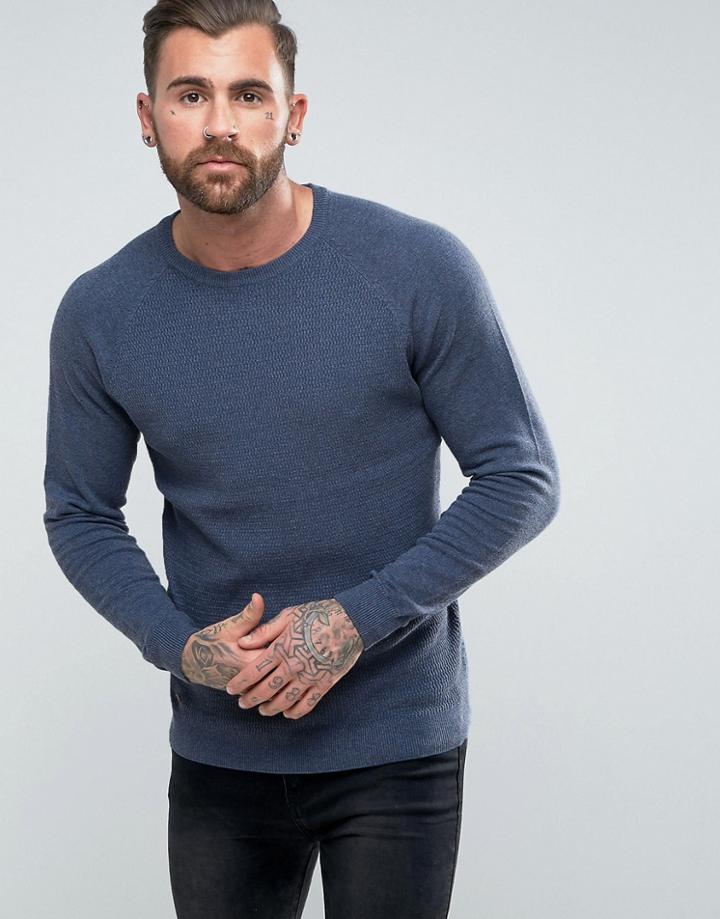 Le Shark Textured Body Sweater With Jersey Raglan Sleeve - Navy