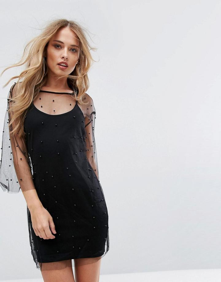 Missguided Embellished Mesh Shift Mini Dress - Black