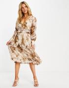 Asos Design Ruched Layered Midi Dress With Macrame Belt In Floral Print-multi