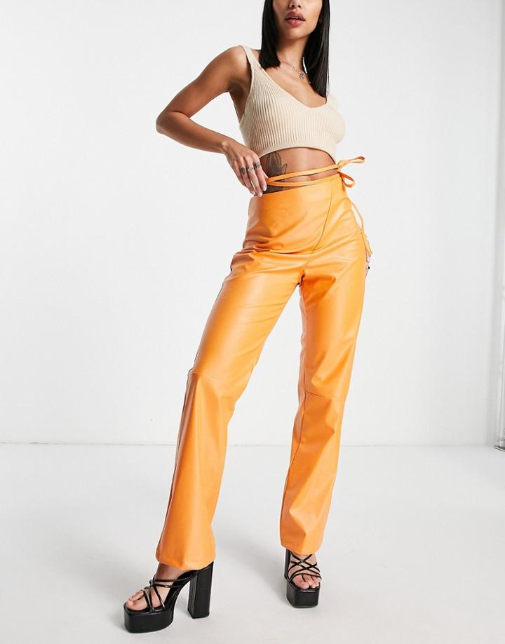 Missyempire Straight Leg Leather Look Pants With Strappy Waist Detail In Orange