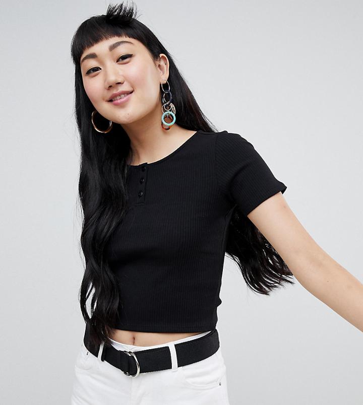 Monki Ribbed T-shirt With Buttons In Black - Black