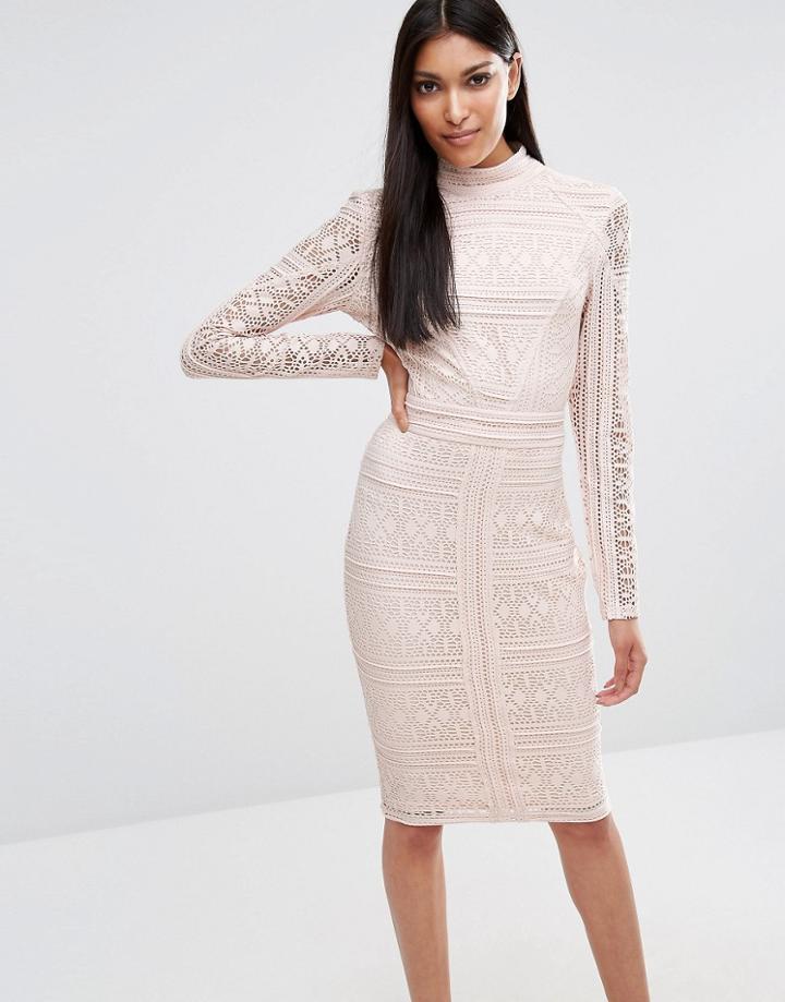 Missguided Lace Long Sleeve High Neck Midi Dress - Beige