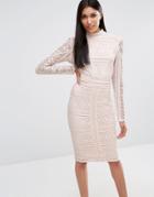 Missguided Lace Long Sleeve High Neck Midi Dress - Beige
