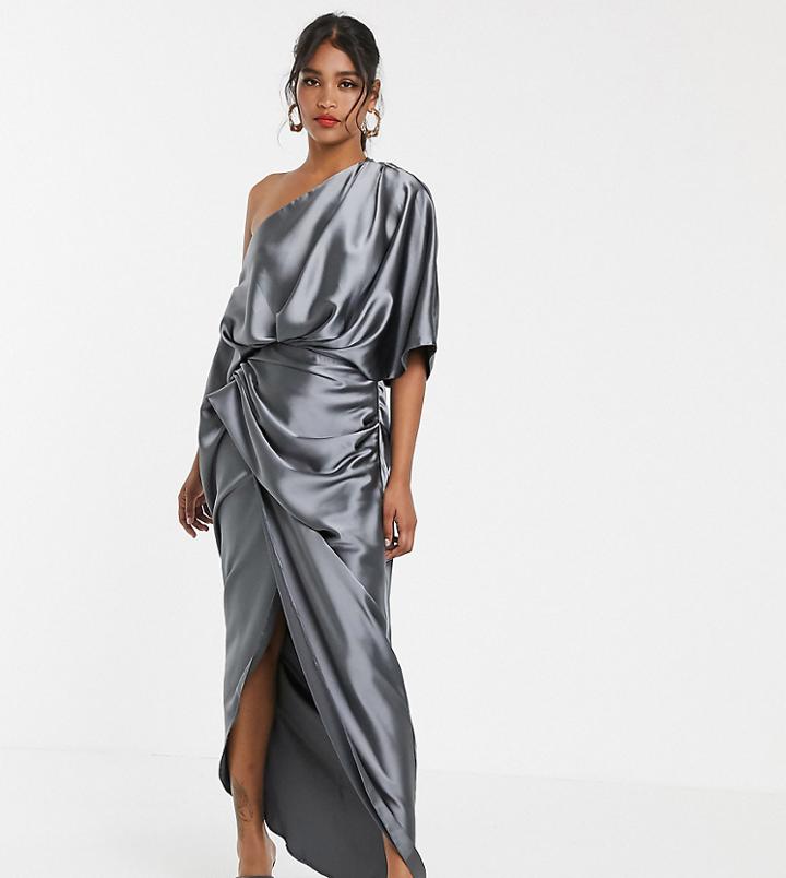 Asos Edition Tall Drape Asymmetric Maxi Dress In Satin - Green