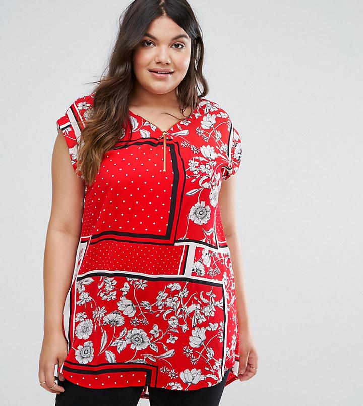New Look Curve Scarf Print Tunic Top - Red