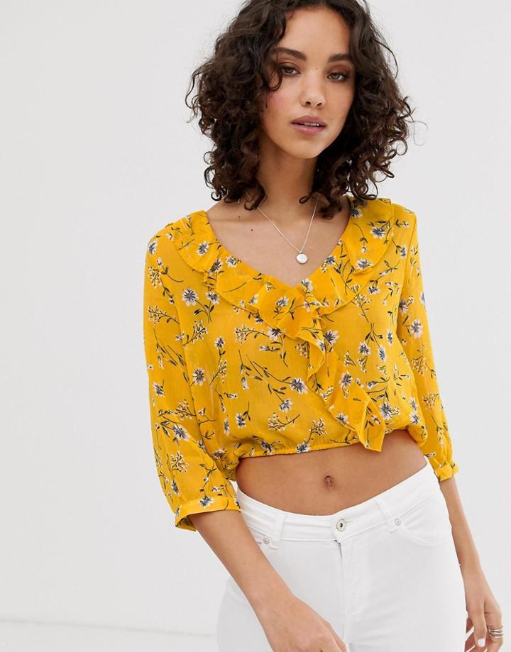 Only Floral Frill Detail Crop Top-orange