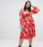 Influence Plus Mid Floral Dress With Pleated Skirt And Tie Waist - Red