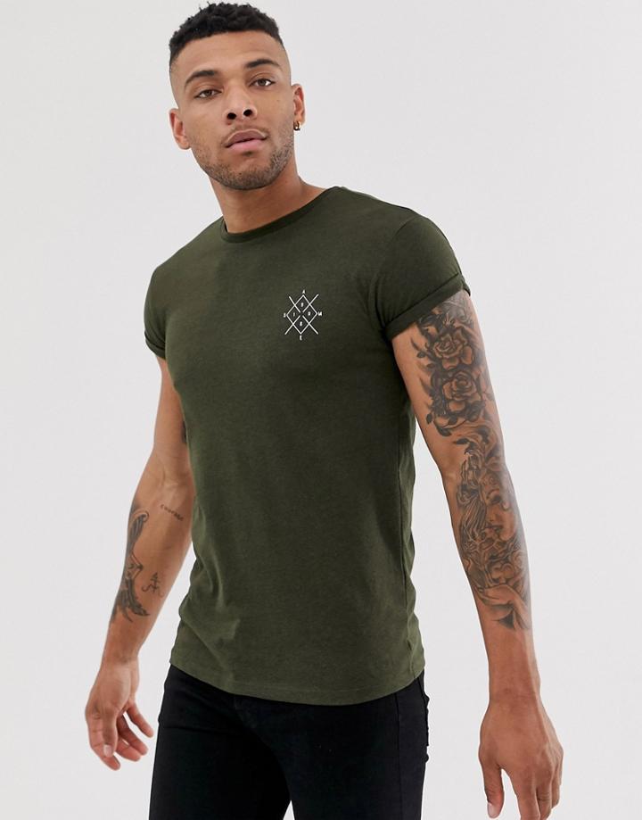 Bershka Muscle Fit T-shirt In Khaki With Chest Print-green