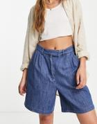 Pieces Denim Longline City Shorts In Blue