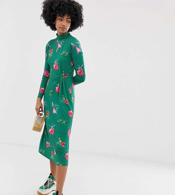 Warehouse Midi Dress In Green Floral - Green