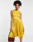 Closet London High Neck Pleated Midi Dress In Ochre Gold-yellow