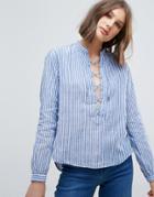 Pepe Jeans Lace Up Front Stripe Blouse - Blue