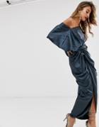 Asos Edition Drape Asymmetric Maxi Dress In Satin-blue