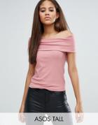 Asos Tall Off Shoulder Top With Deep Fold In Rib - Pink