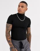 Asos Design Muscle Fit Short Sleeve Jersey Roll Neck In Black