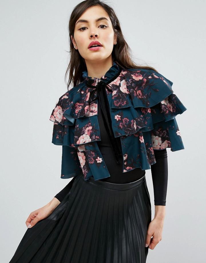 Asos Frill Cape In Floral Print - Multi