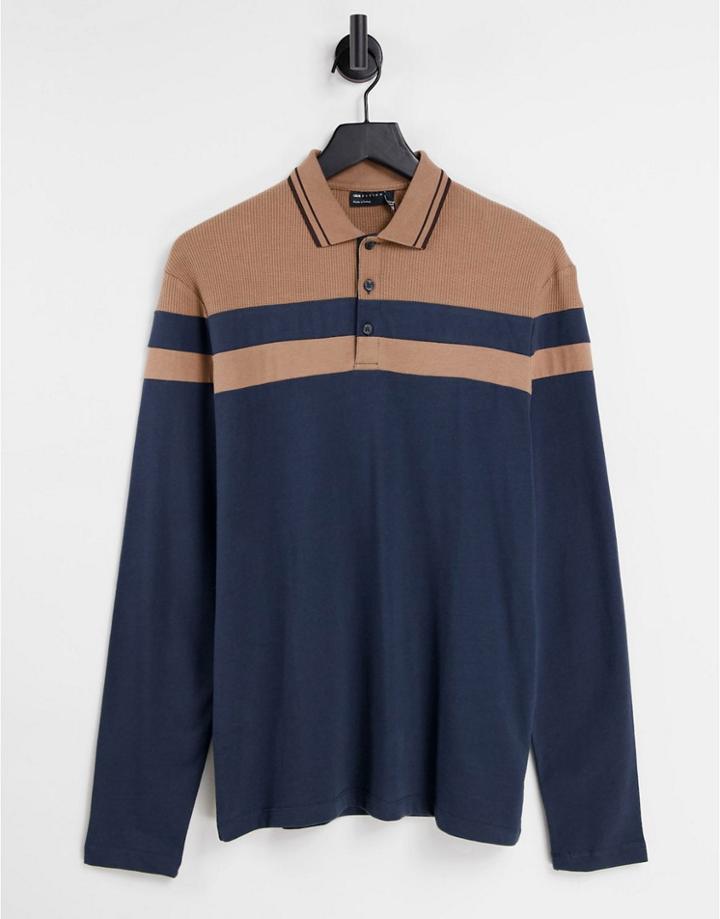 Asos Design Long Sleeve Polo T-shirt With Contrast Panels In Waffle-navy
