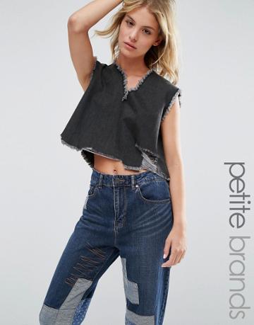 Waven Petite Frayed V Neck Denim Crop Top - Black