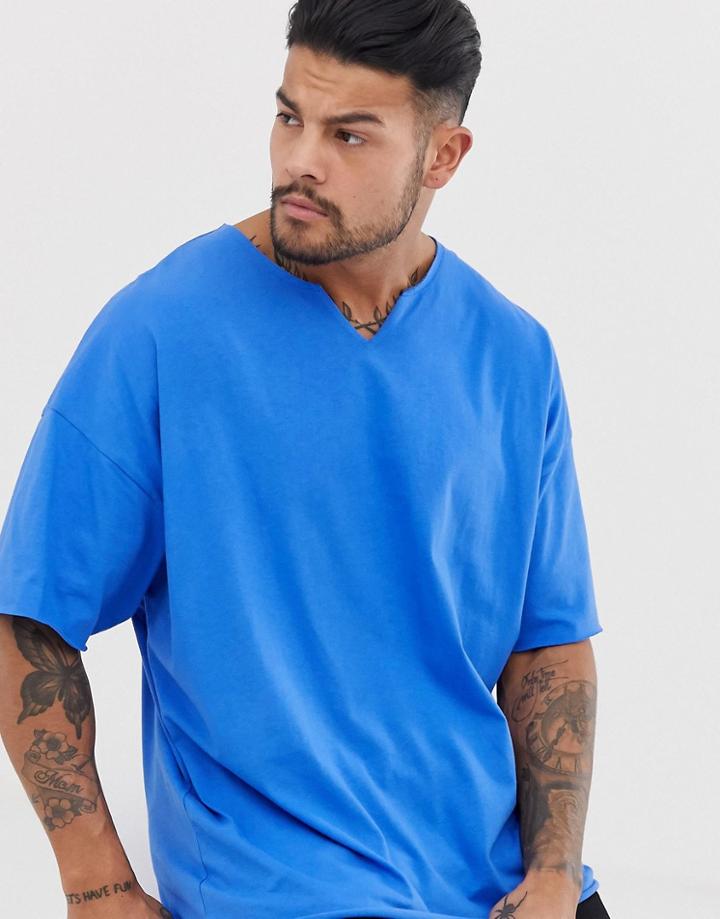 Asos Design Oversized T-shirt With Raw Notch Neck In Blue - Blue