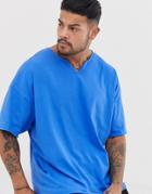 Asos Design Oversized T-shirt With Raw Notch Neck In Blue - Blue