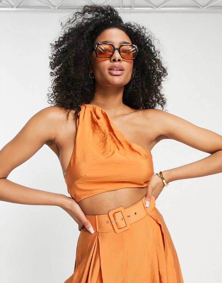 Asos Design One Shoulder Asymmetric Top With Tie Back In Rust - Part Of A Set-orange