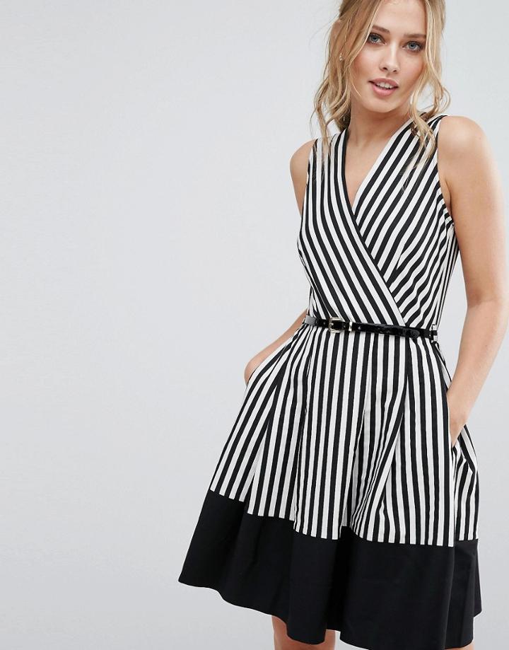 Closet Wrap Front Skater Dress In Stripe With Belt - Multi