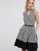 Closet Wrap Front Skater Dress In Stripe With Belt - Multi