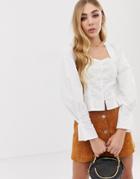 Prettylittlething Ruched Shoulder Button Down Long Sleeve Blouse In White - White