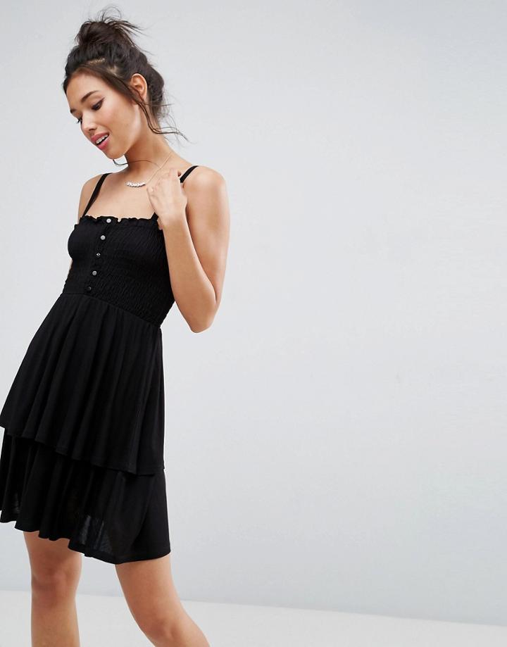 Asos Shirred Mini Sundress With Tiered Skirt - Black