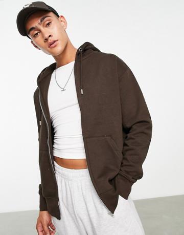 Pull & Bear Full-zip Plush Hoodie In Dark Brown
