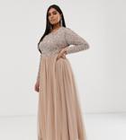 Maya Plus Bridesmaid Long Sleeve Maxi Tulle Dress With Tonal Delicate Sequin In Muted Blush-neutral